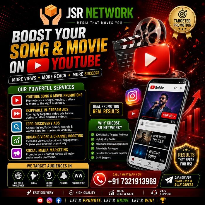 JSR Network YouTube song and movie promotion campaign creative showing targeted ad placements and channel growth services